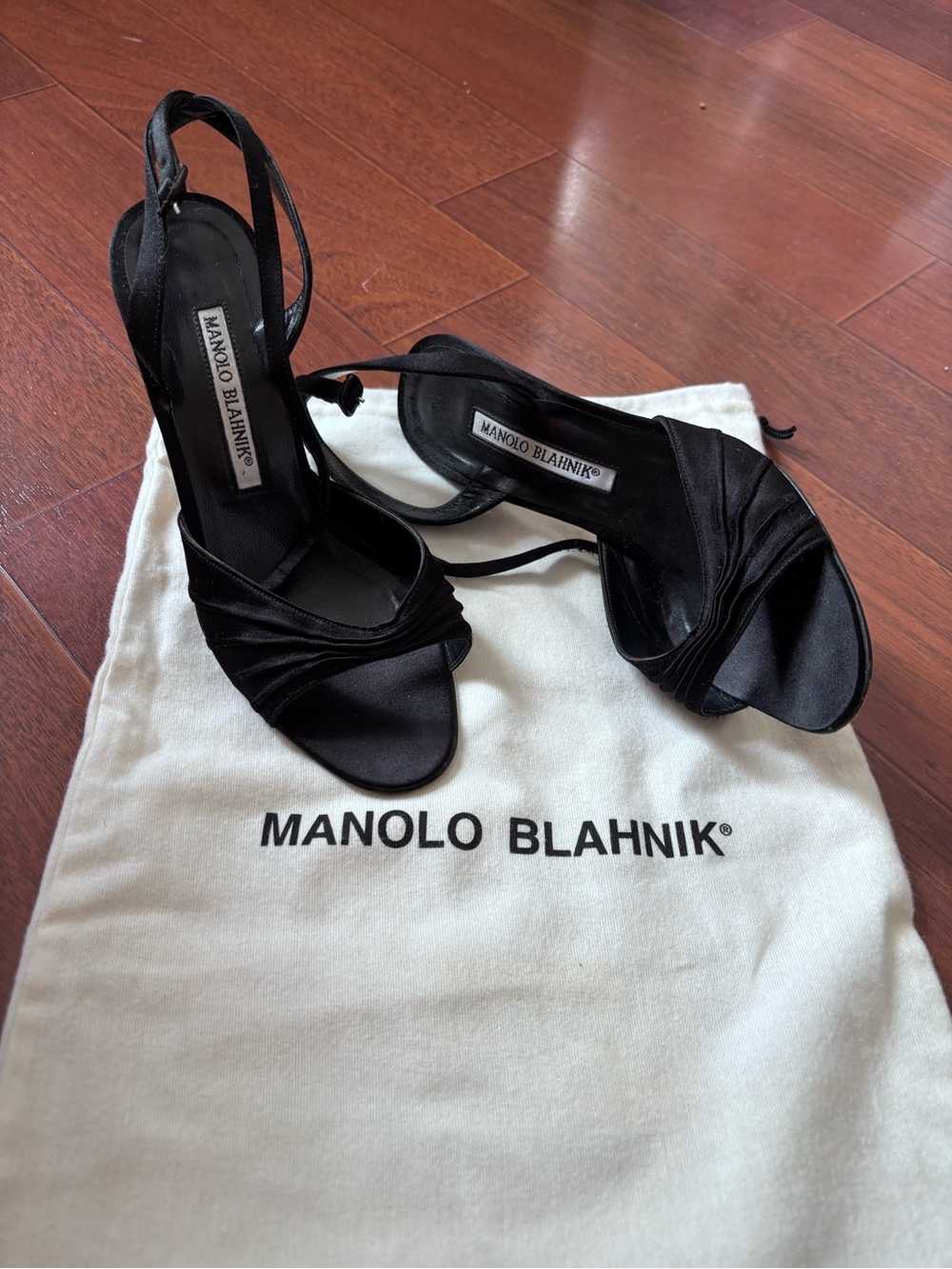 Manolo Blahnik Black Satin Open-Toe Slingback Heels